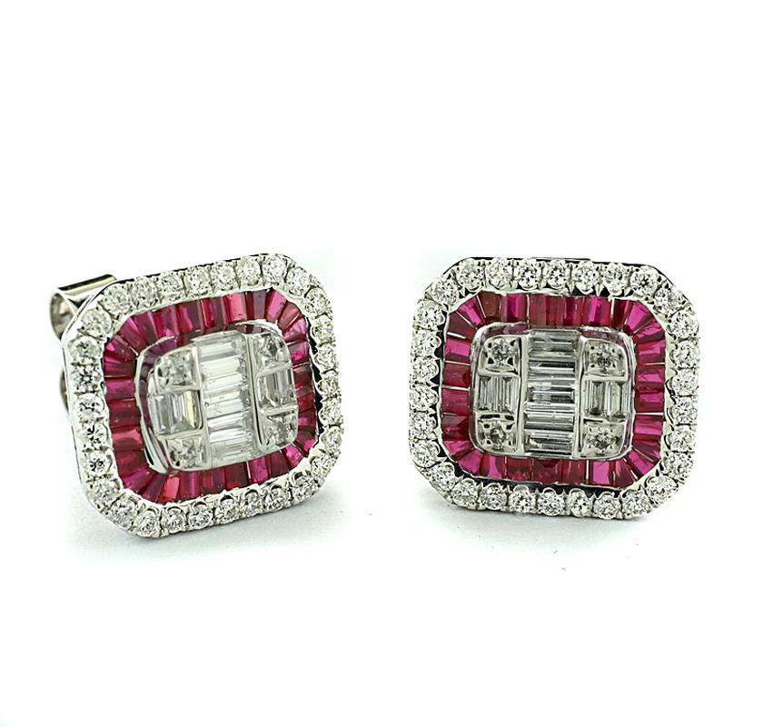 Exclusive stud earrings in a modern rectangular design with beveled edges. The resulting octagonal shape is adorned with a mosaic of numerous diamonds and rubies, forming a dazzling pattern. The earrings feature 18 natural diamond baguettes and 68