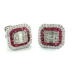 Rubies and Diamonds Earrings 18 Kt White Gold Square sophisticated setting