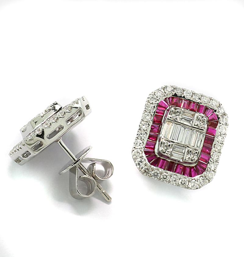 Contemporary Rubies and Diamonds Earrings 18 Kt White Gold Square sophisticated setting For Sale