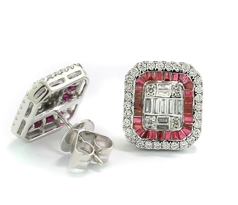 Baguette Cut Rubies and Diamonds Earrings 18 Kt White Gold Square sophisticated setting For Sale
