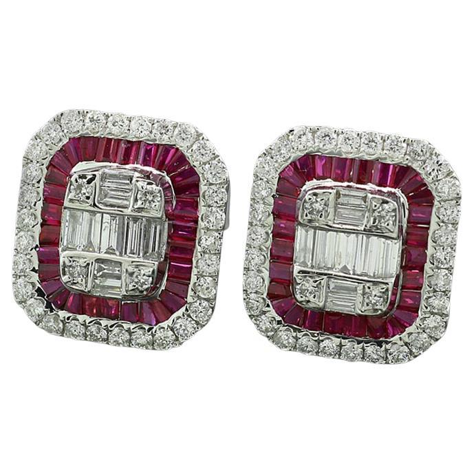 Rubies and Diamonds Earrings 18 Kt White Gold Square sophisticated setting