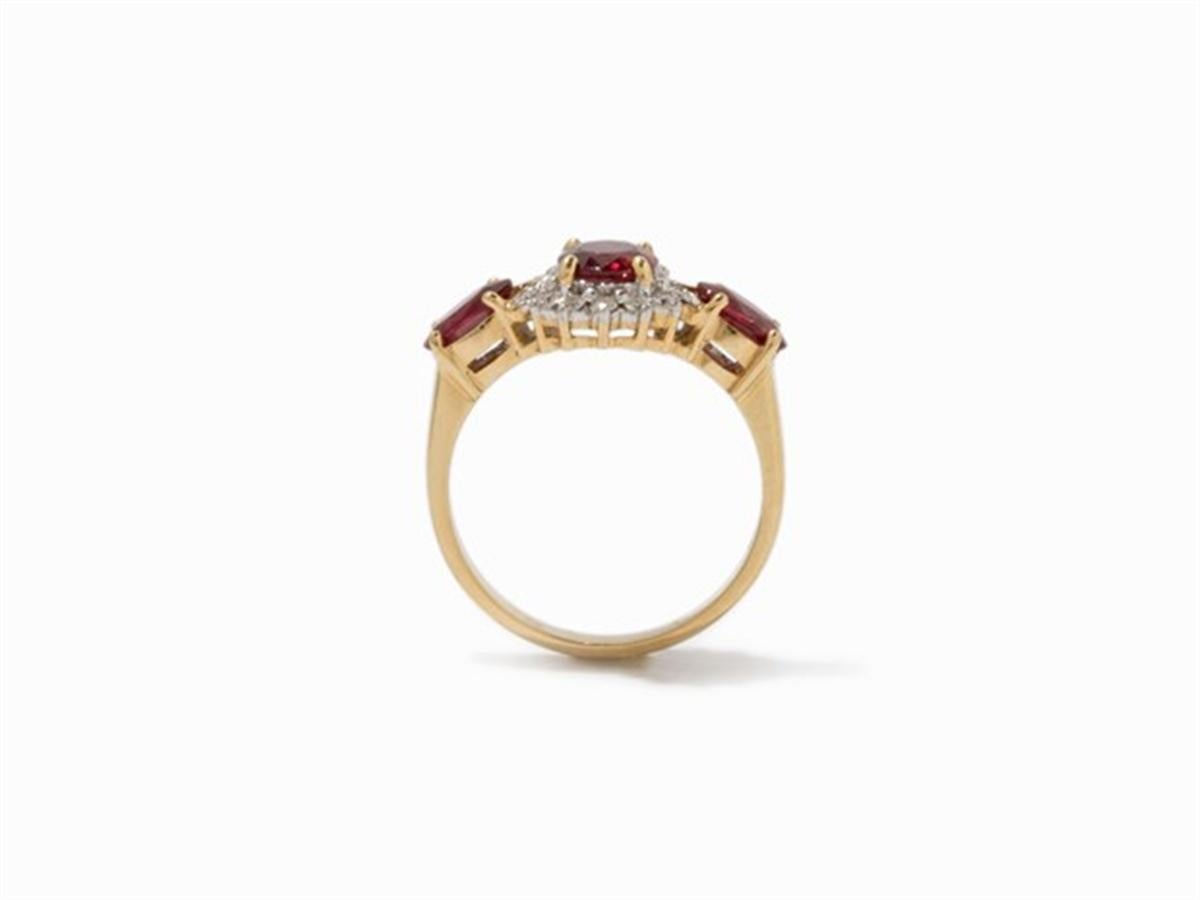 Brilliant Cut Rubies and Diamonds Ring, 750 Yellow Gold  For Sale