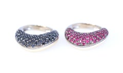 Ring Pair Rubies Black Diamonds 18 K Yellow Gold Whimsical, 2000