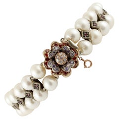 Vintage Rubies Blue Purple and Orange Stones White Pearls Rose Gold and Silver Bracelet