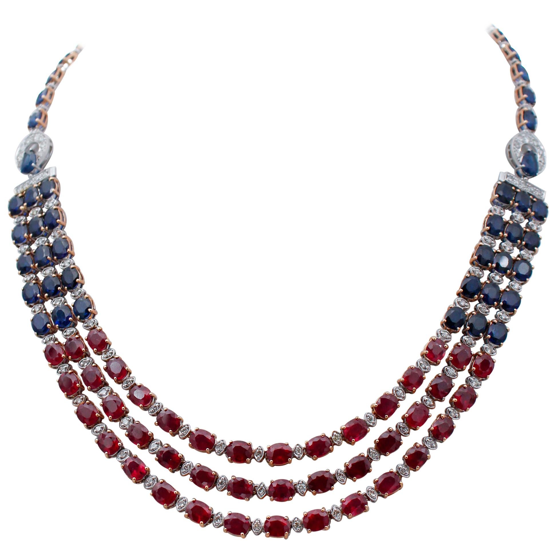 Rubies, Blue Sapphires, Diamonds, 14 Karat White and Rose Necklace