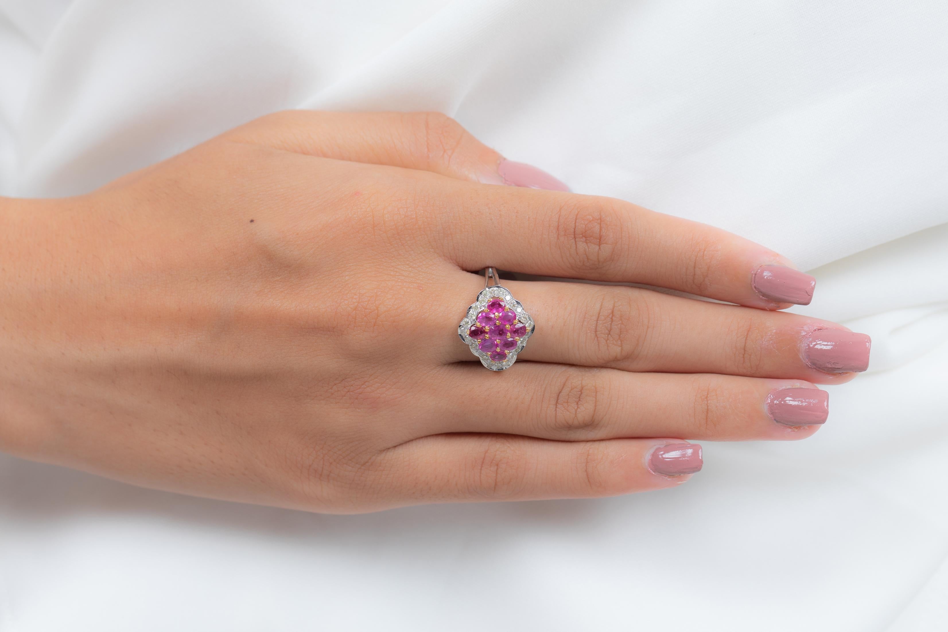 For Sale:  Cluster Ruby Cocktail Ring with Diamonds in 14 Karat Solid White Gold 10