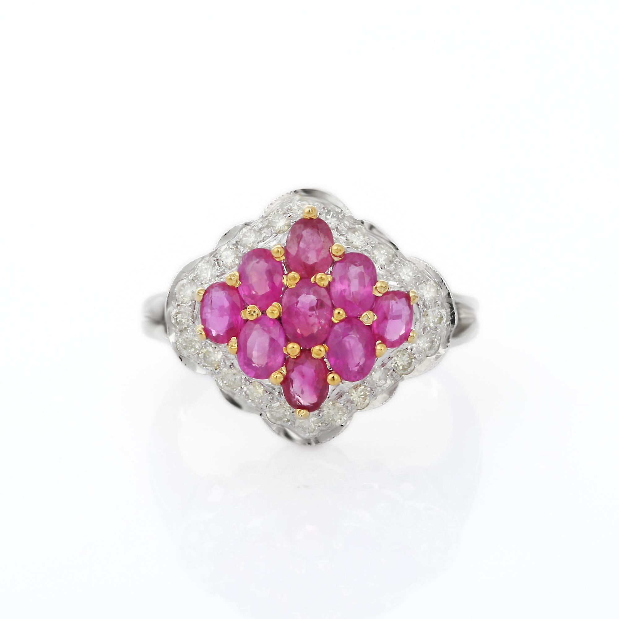 For Sale:  Cluster Ruby Cocktail Ring with Diamonds in 14 Karat Solid White Gold 11