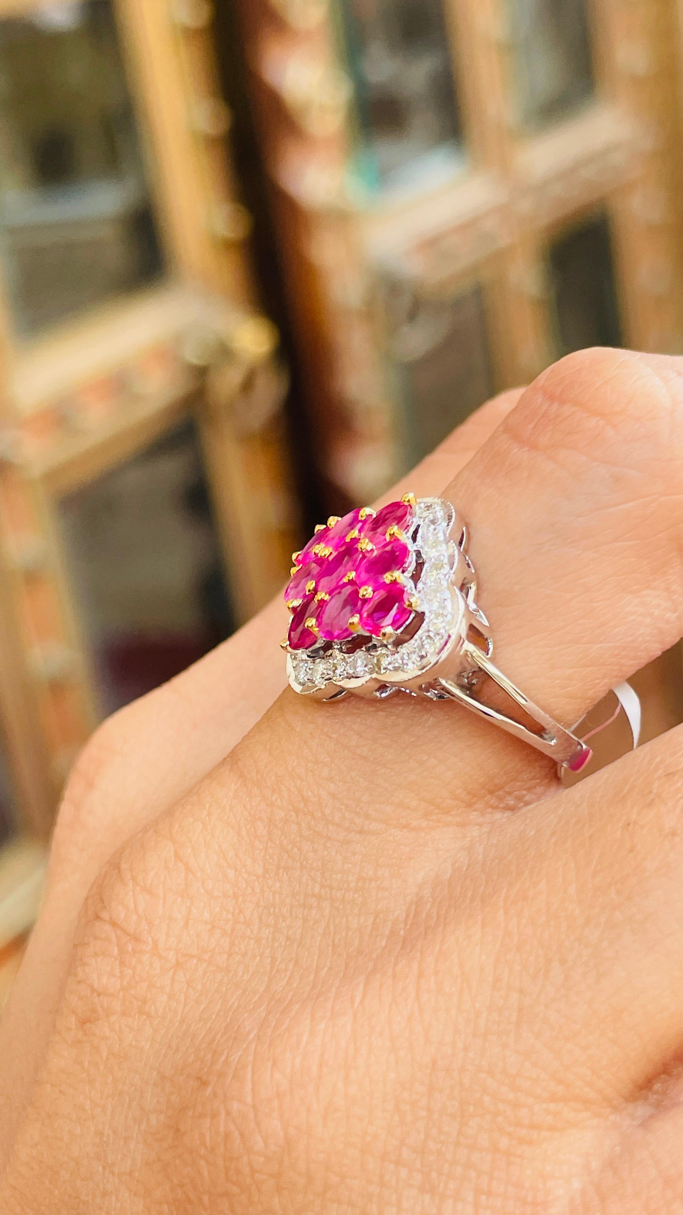 For Sale:  Cluster Ruby Cocktail Ring with Diamonds in 14 Karat Solid White Gold 12