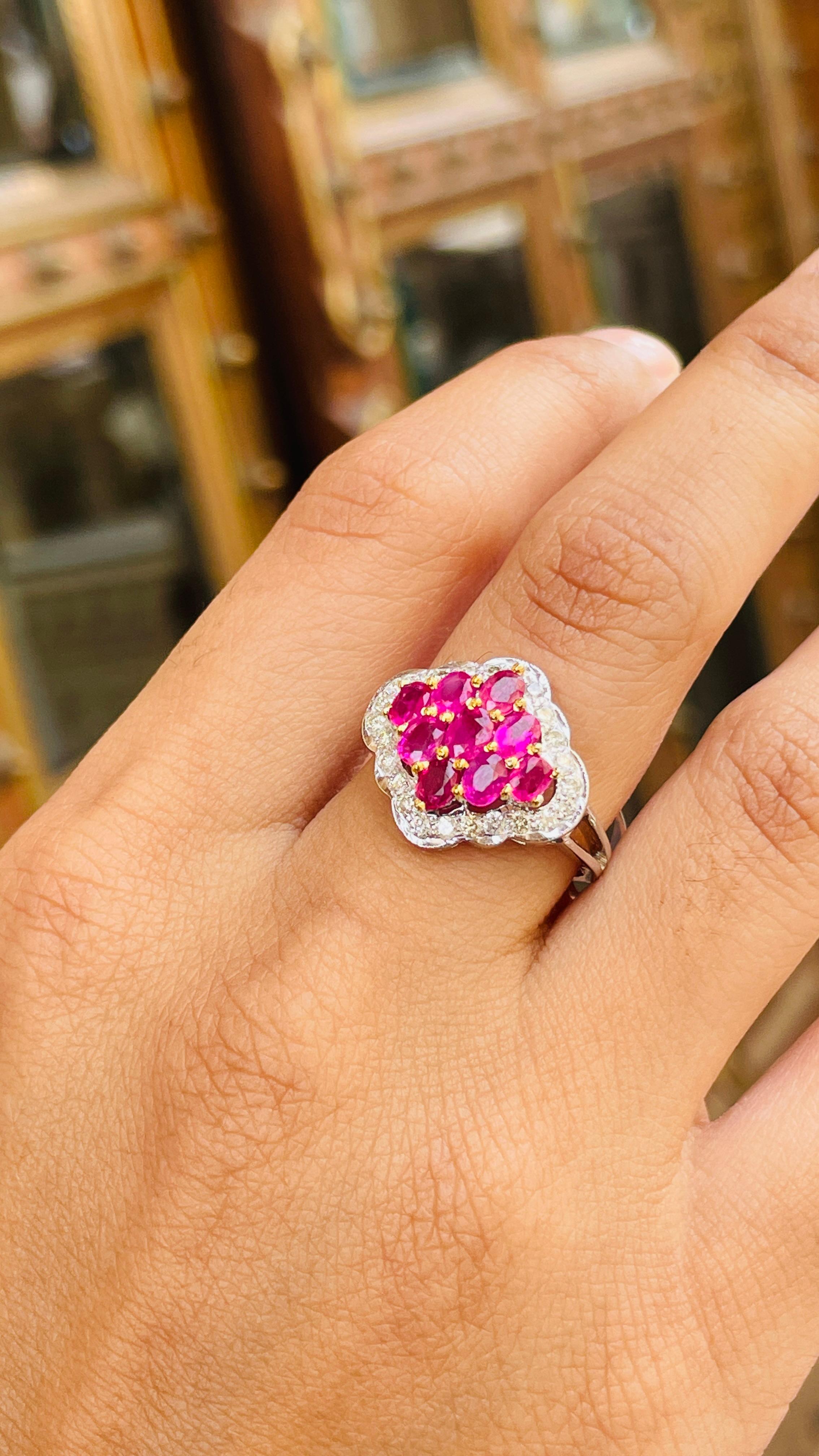 For Sale:  Cluster Ruby Cocktail Ring with Diamonds in 14 Karat Solid White Gold 14