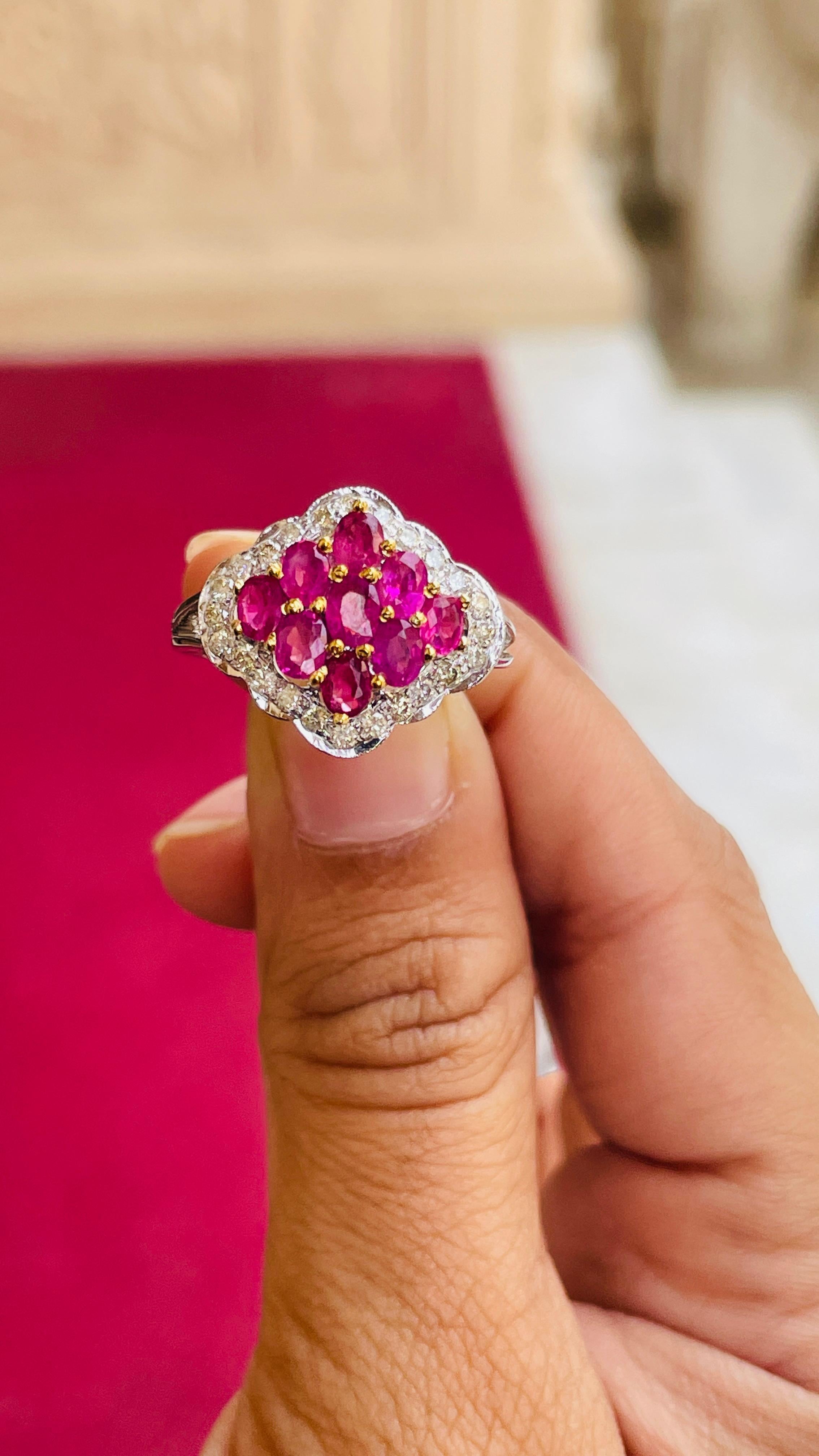 For Sale:  Cluster Ruby Cocktail Ring with Diamonds in 14 Karat Solid White Gold 15