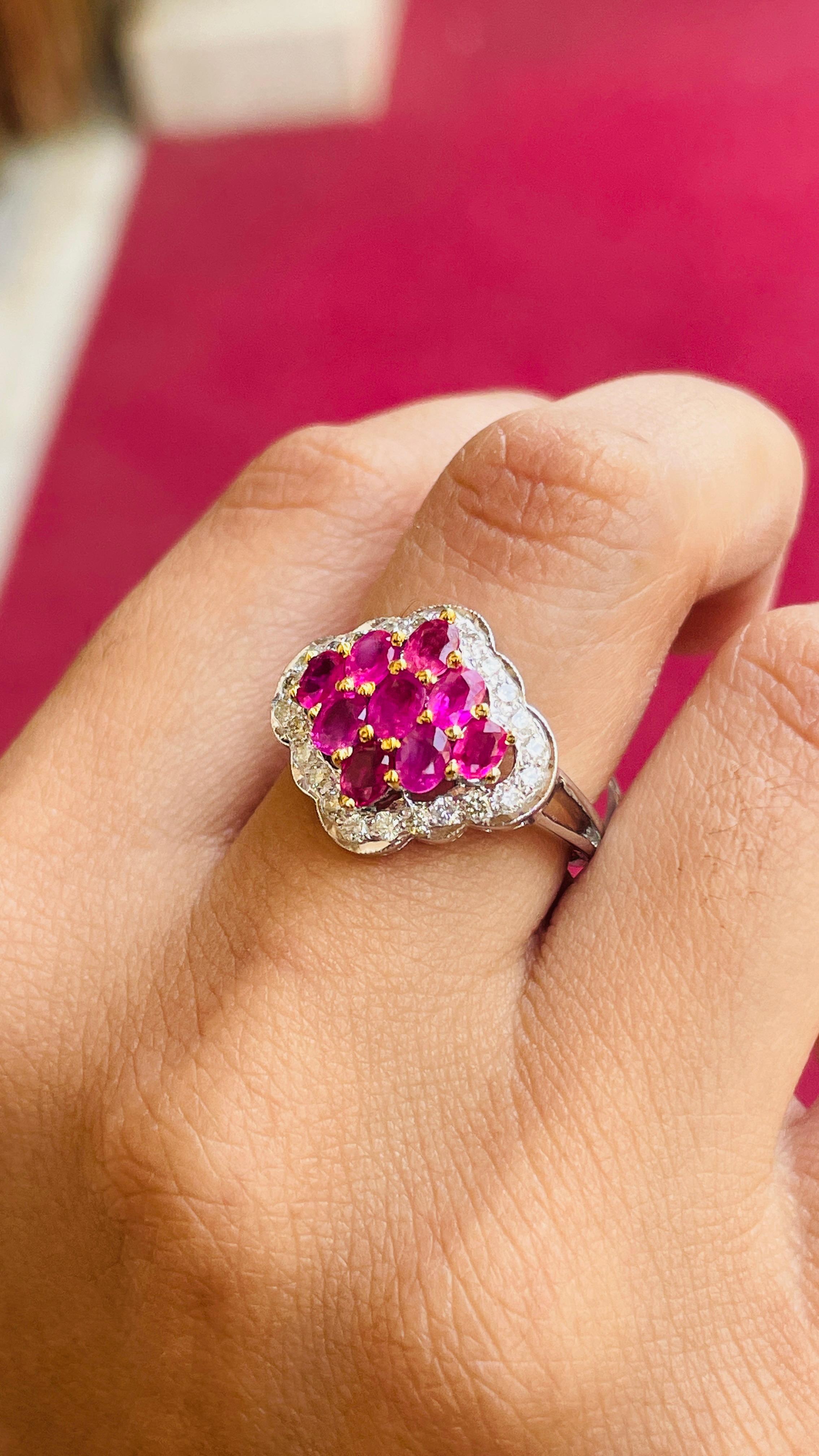 For Sale:  Cluster Ruby Cocktail Ring with Diamonds in 14 Karat Solid White Gold 2