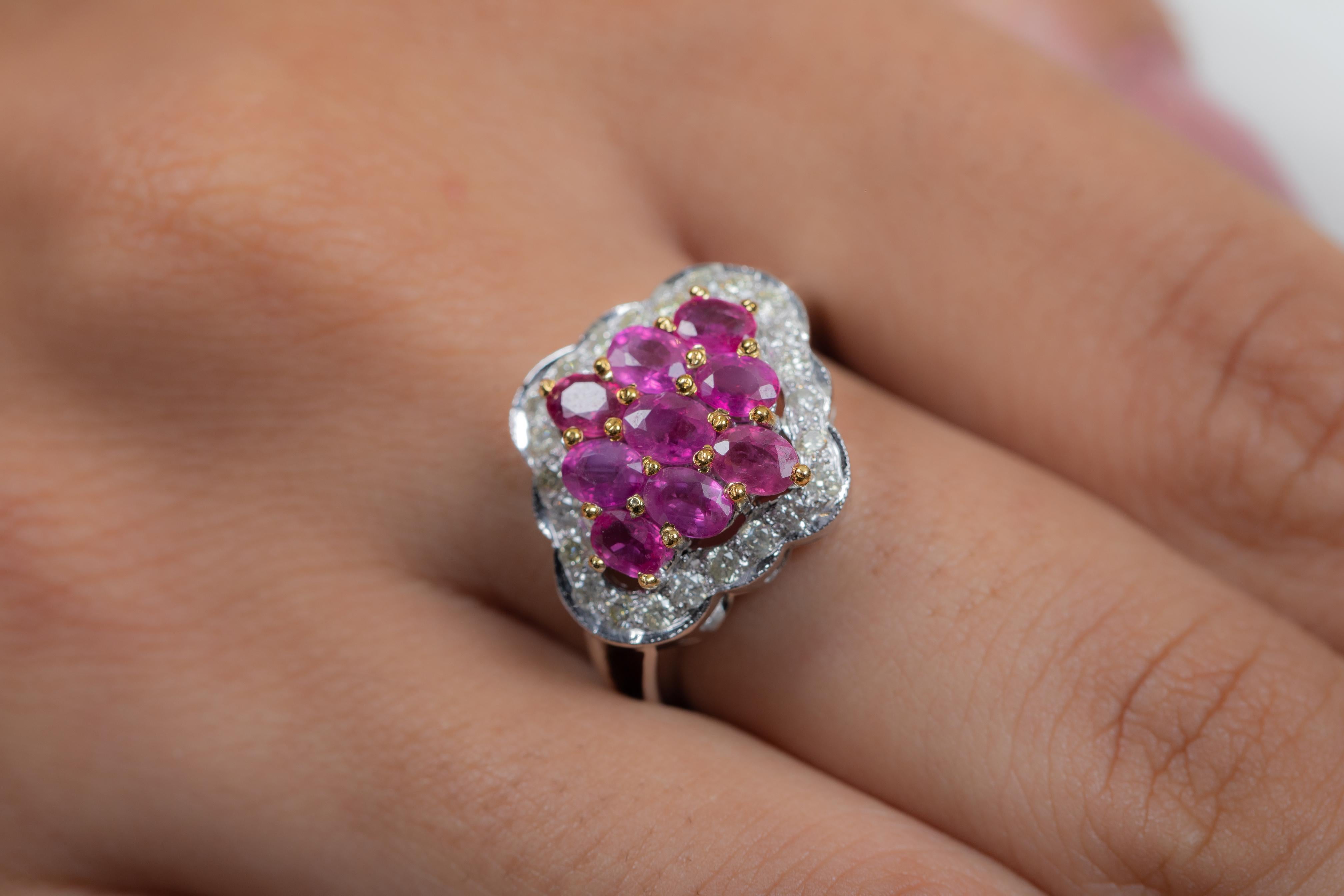For Sale:  Cluster Ruby Cocktail Ring with Diamonds in 14 Karat Solid White Gold 4