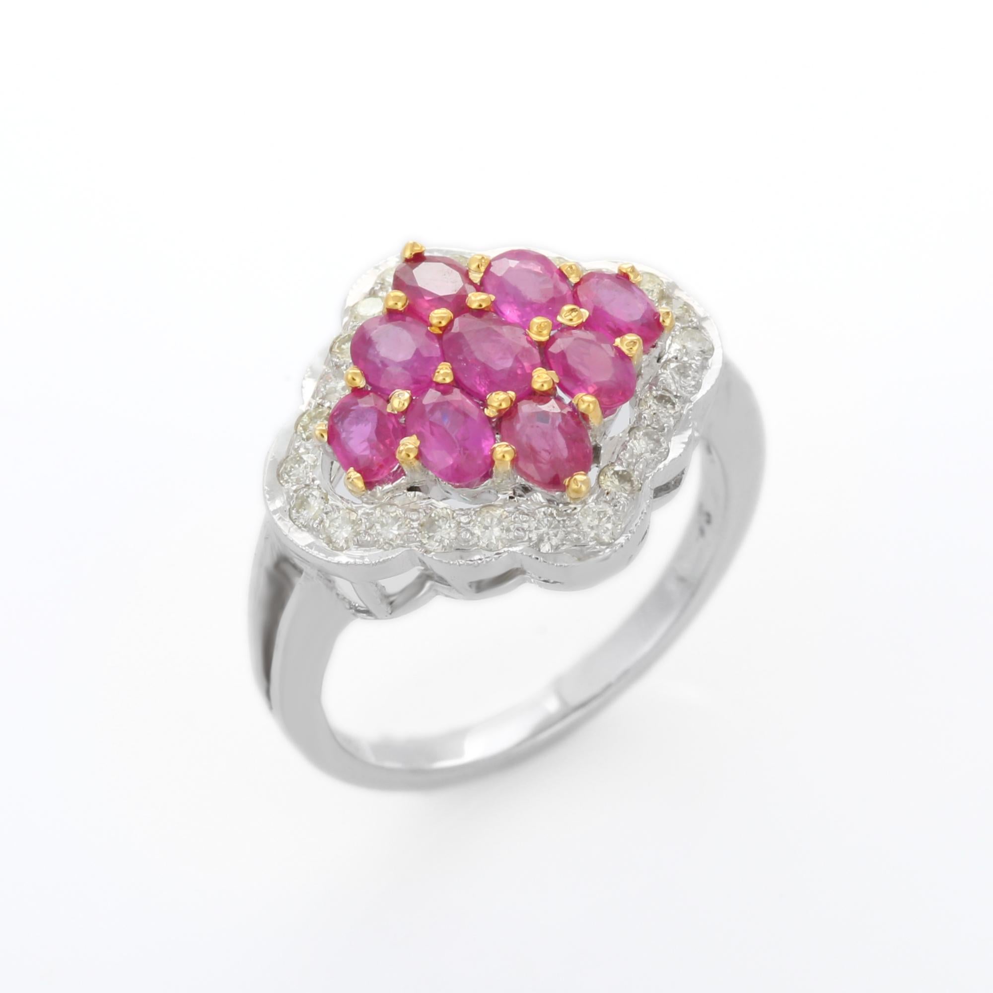 For Sale:  Cluster Ruby Cocktail Ring with Diamonds in 14 Karat Solid White Gold 5