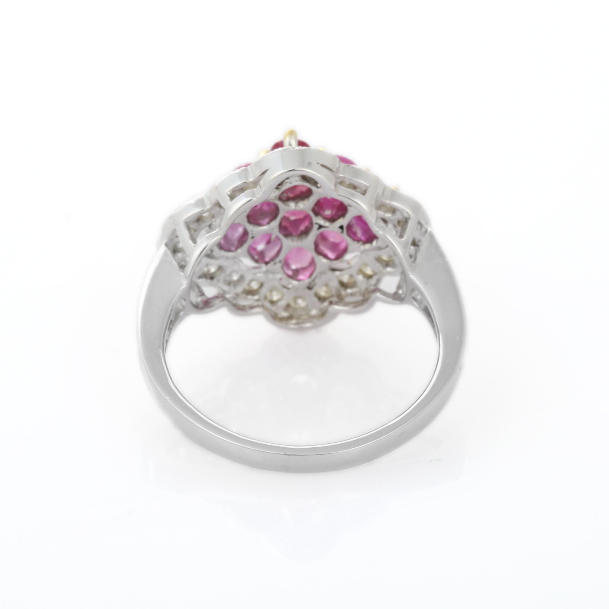 For Sale:  Cluster Ruby Cocktail Ring with Diamonds in 14 Karat Solid White Gold 8