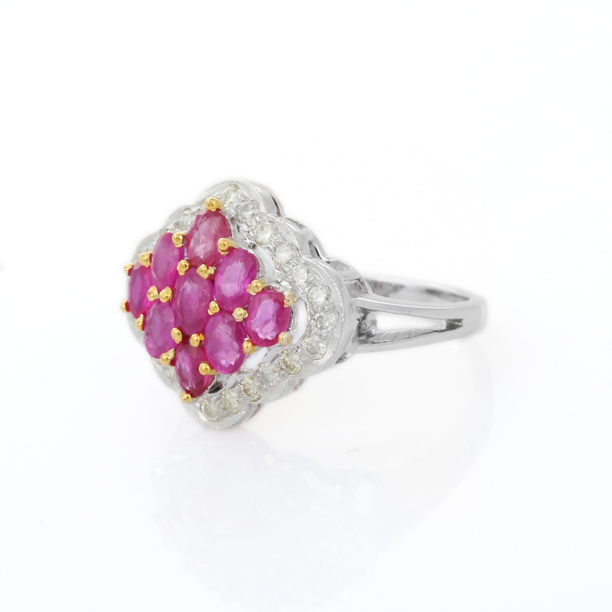 For Sale:  Cluster Ruby Cocktail Ring with Diamonds in 14 Karat Solid White Gold 9