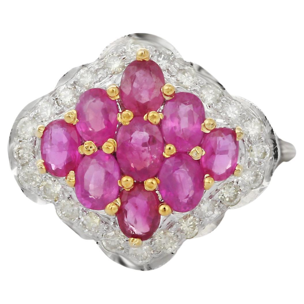 For Sale:  Cluster Ruby Cocktail Ring with Diamonds in 14 Karat Solid White Gold