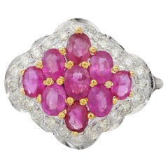 Cluster Ruby Cocktail Ring with Diamonds in 14 Karat Solid White Gold