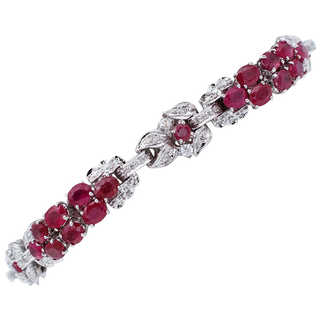 Rubies, Diamond, 14 Karat White Gold Link Bracelet