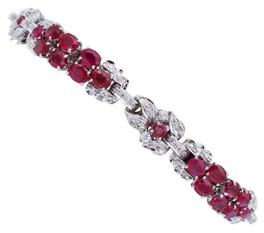 Rubíes, Diamantes, Oro Blanco 14 Kilates Pulsera Link en venta