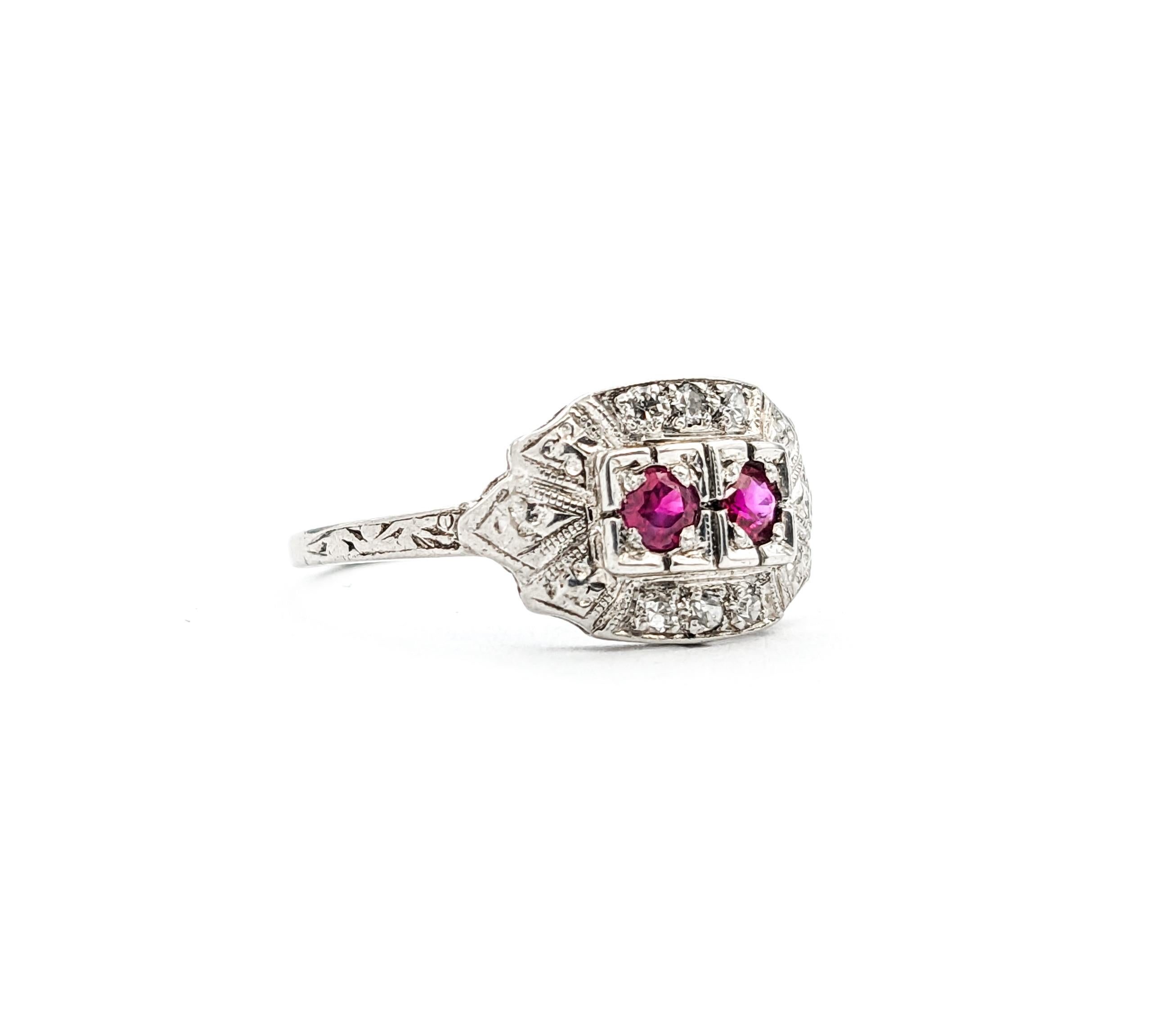 Art Deco Rubies & Diamond Antique Ring In Platinum For Sale