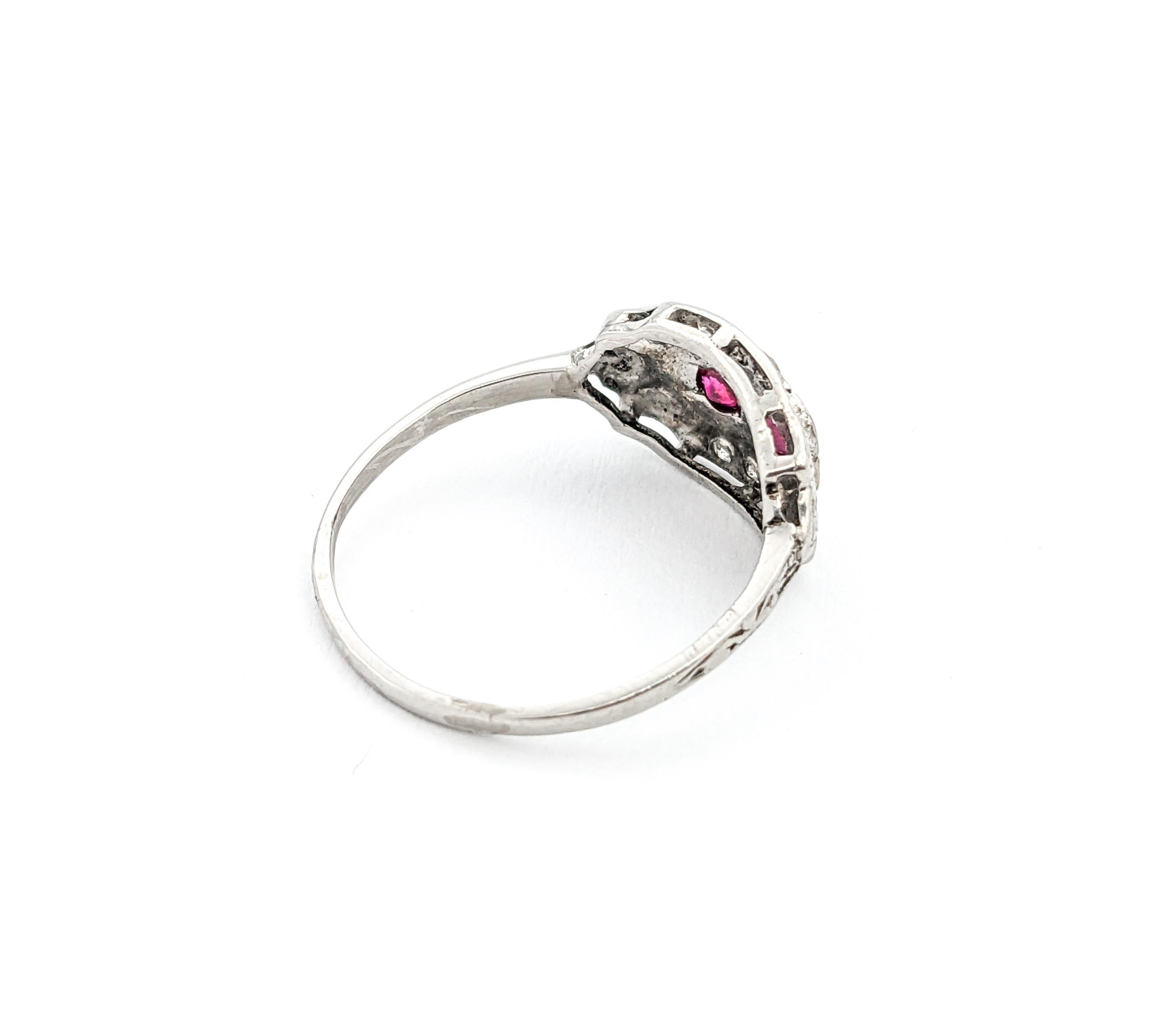 Round Cut Rubies & Diamond Antique Ring In Platinum For Sale