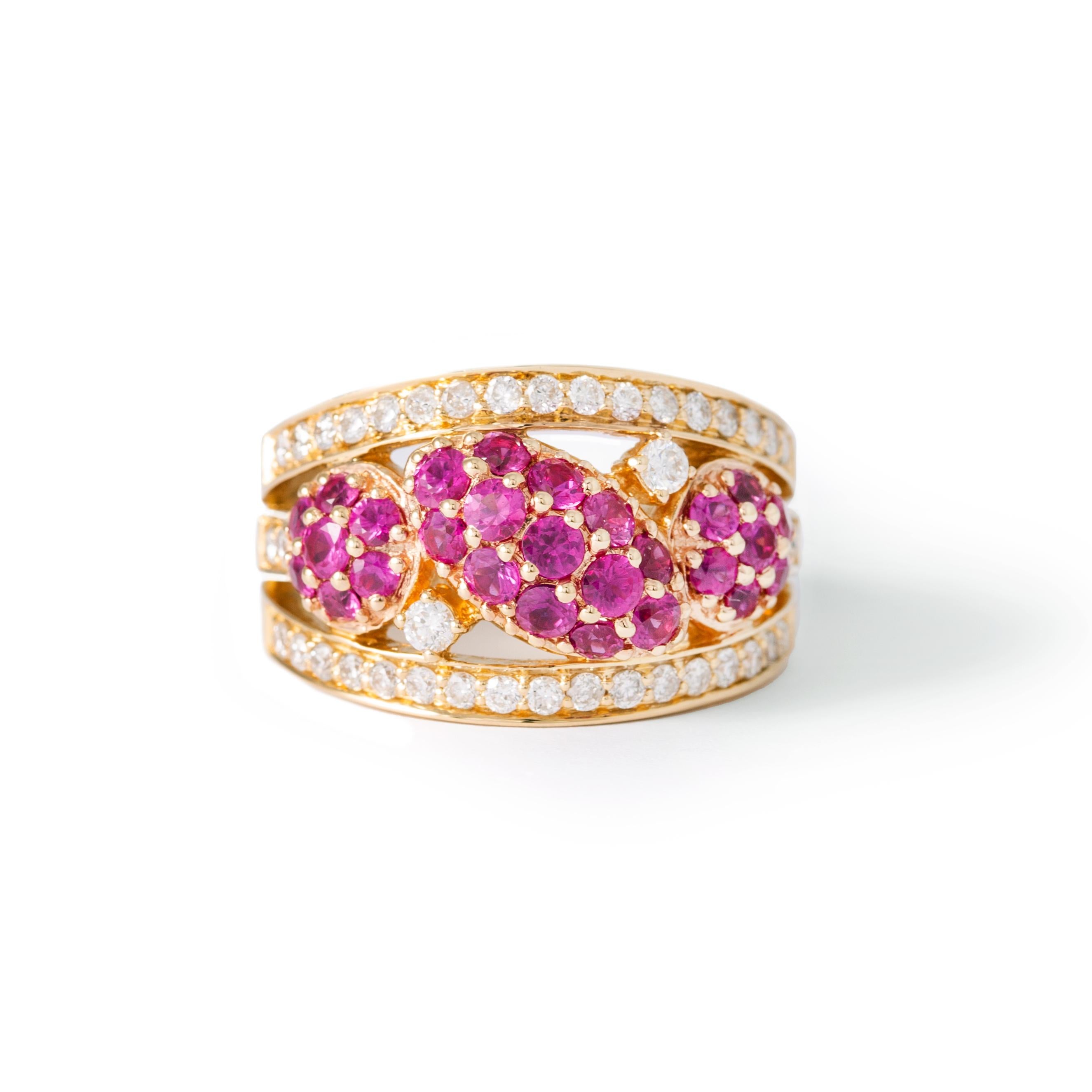Ring in 18kt yellow gold set with 40 diamonds 0.64 cts and 27 rubies 1.39 cts Size 54     
