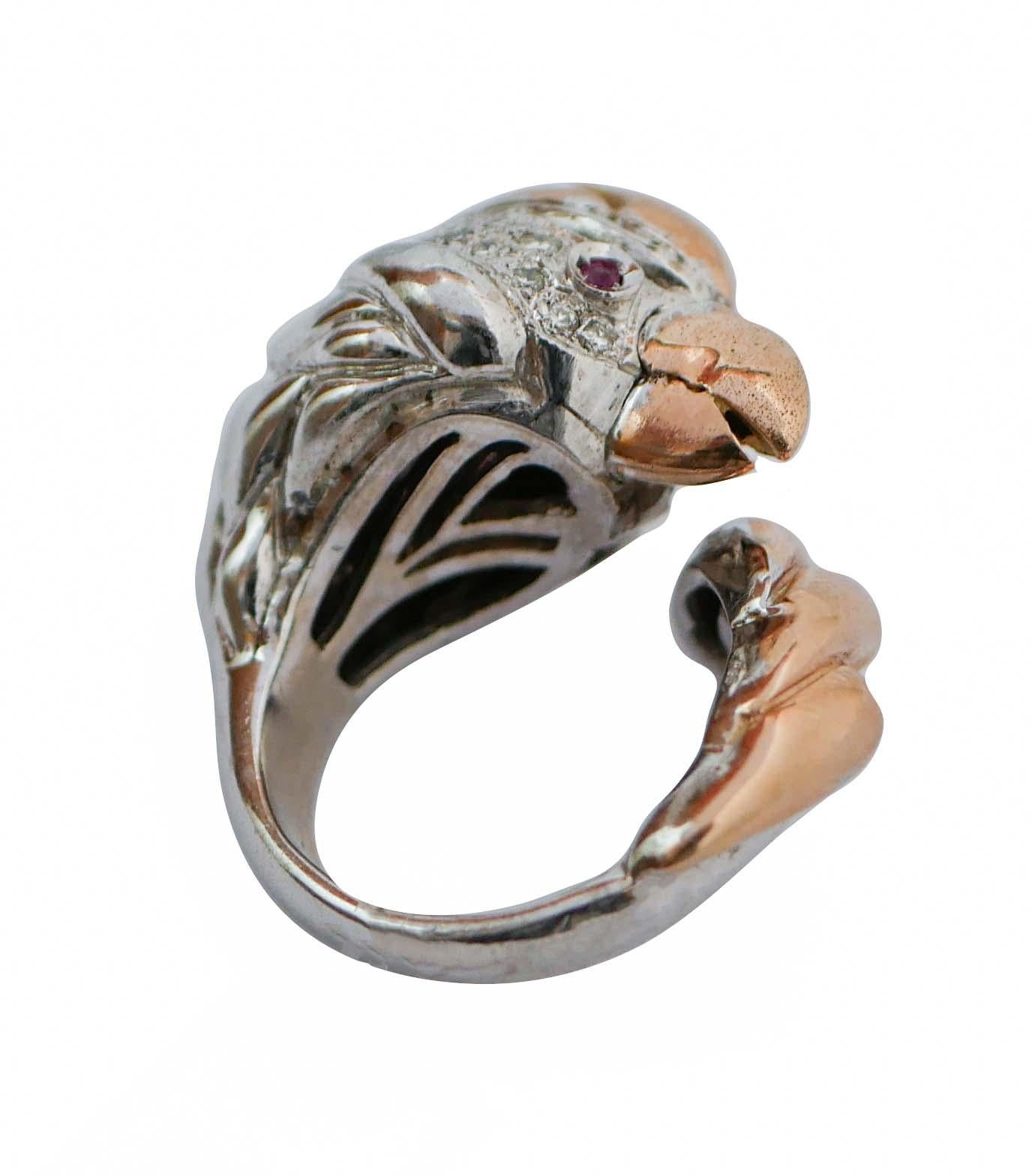 Parot-Ring aus 14 Karat Roségold mit Rubinen, Diamanten und Weißgold. (Retro) im Angebot