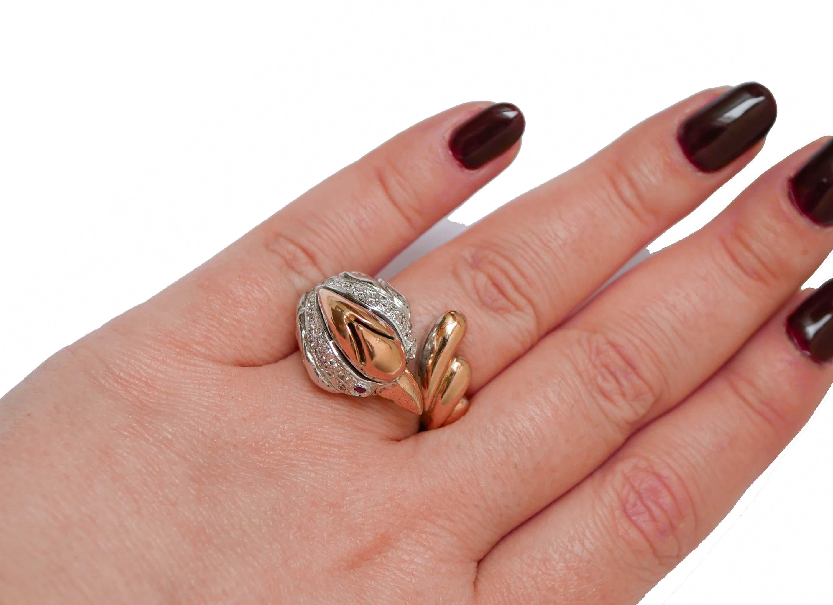 Parot-Ring aus 14 Karat Roségold mit Rubinen, Diamanten und Weißgold. im Zustand „Gut“ im Angebot in Marcianise, Marcianise (CE)