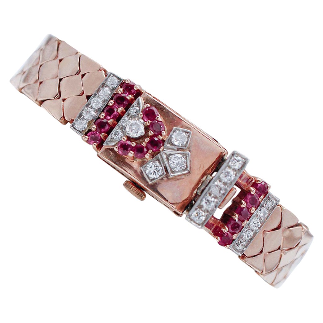 Rubine, Diamanten, Retrò-Uhr/Armband aus 14 Karat Rosé- und Weißgold im Angebot