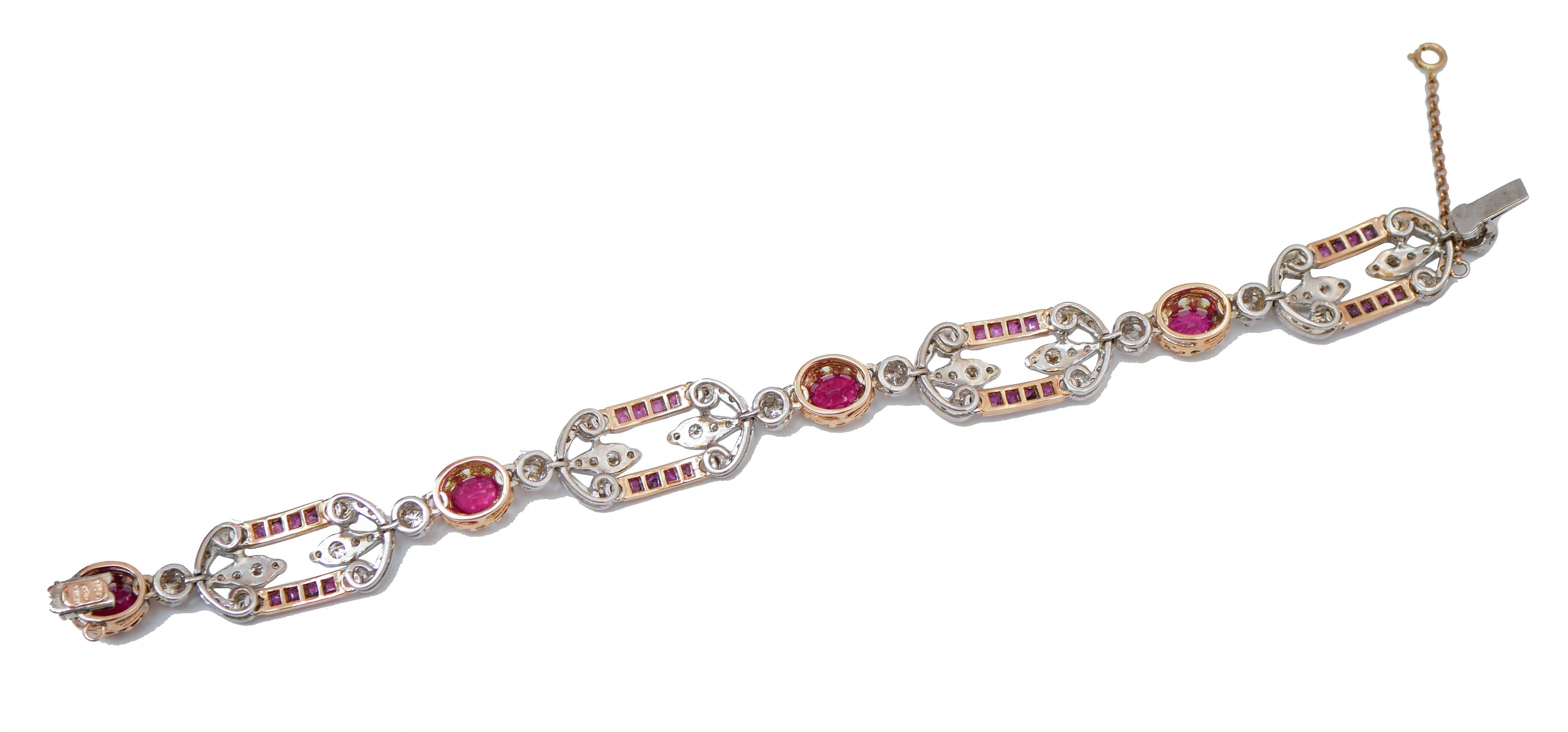 Retro Rubies, Diamonds, 14 Karat Rose Gold and Silver Bracelet. For Sale