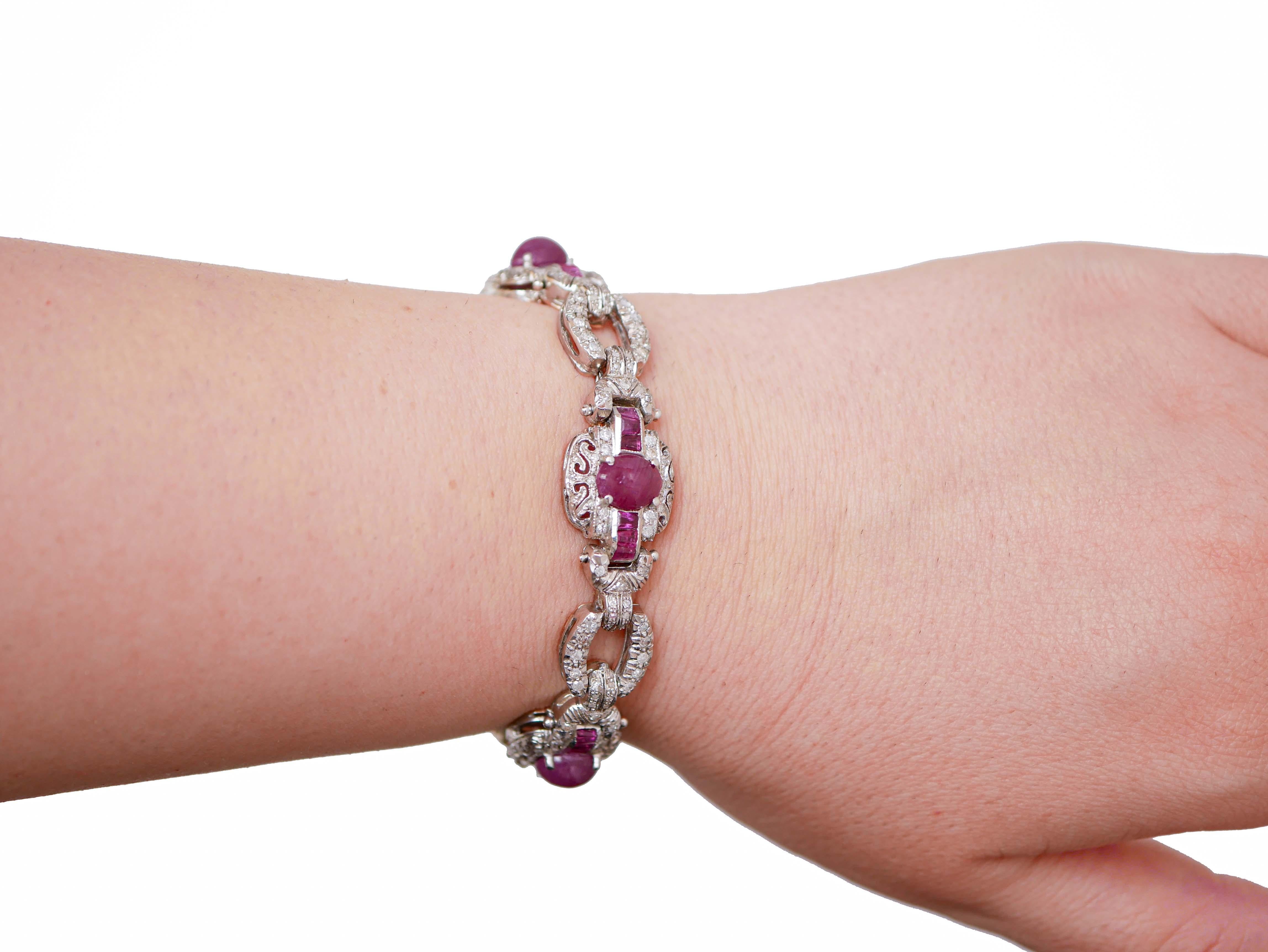 Armband aus 14 Karat Roségold mit Rubinen, Diamanten und Silber. (Gemischter Schliff) im Angebot