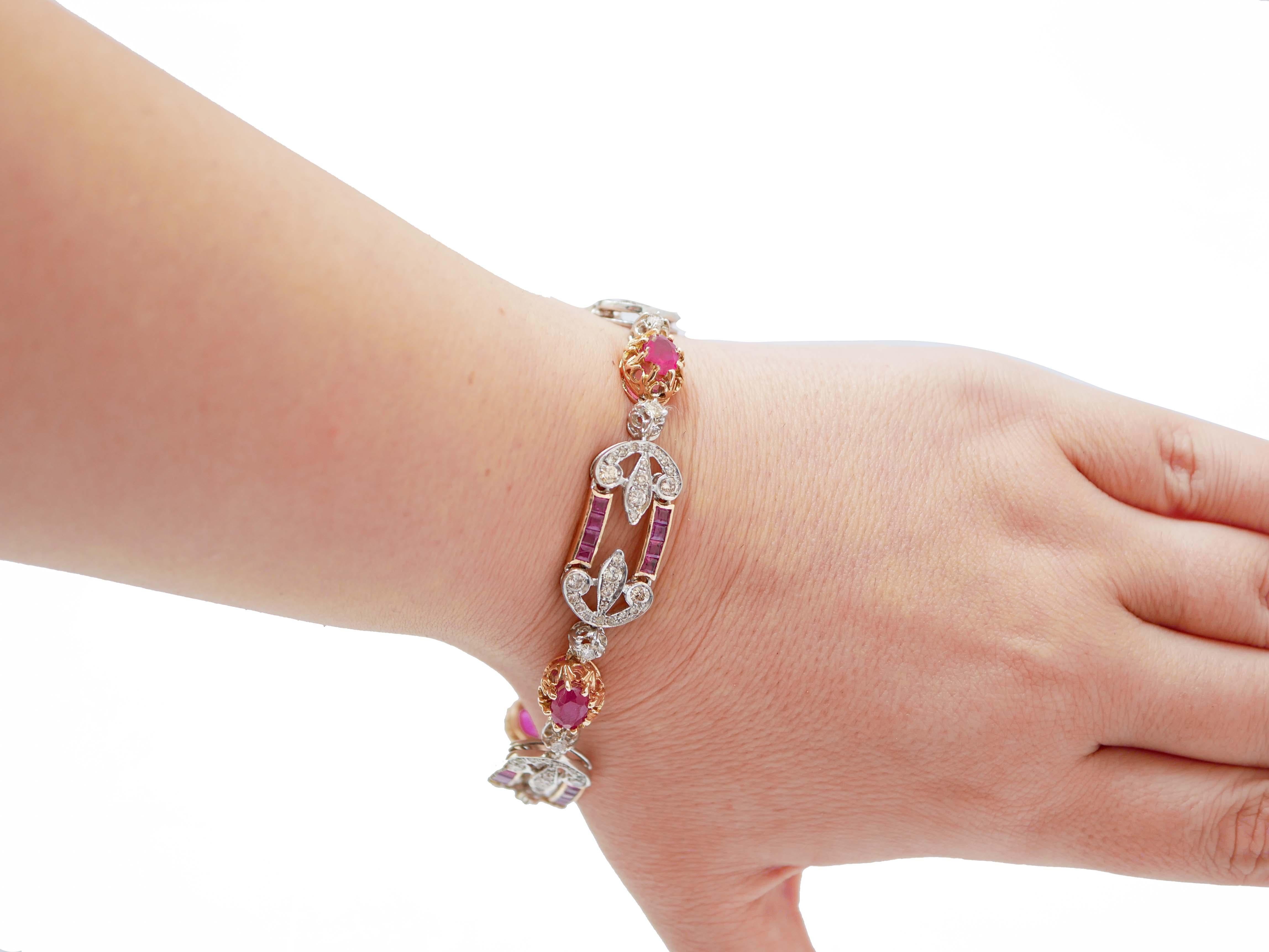 Armband aus 14 Karat Roségold mit Rubinen, Diamanten und Silber. (Gemischter Schliff) im Angebot