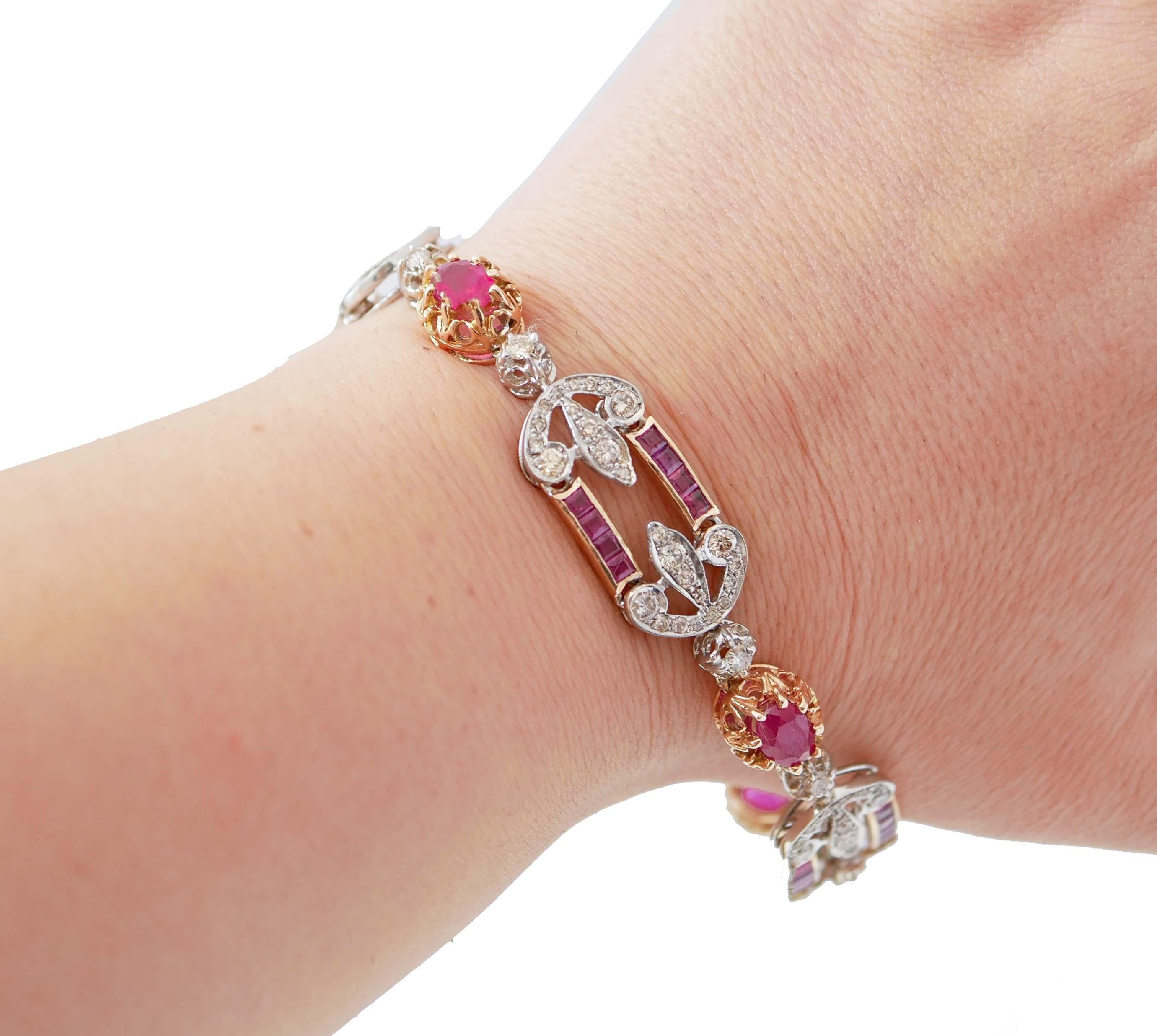 Rubies, Diamonds, 14 Karat Rose Gold and Silver Bracelet. In Good Condition For Sale In Marcianise, Marcianise (CE)