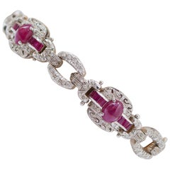 Rubies, Diamonds, 14 Karat Rose Gold and Silver Bracelet.