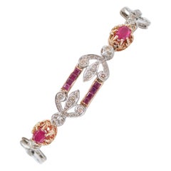 Rubies, Diamonds, 14 Karat Rose Gold and Silver Bracelet.