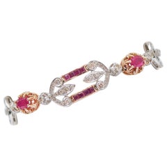 Rubies, Diamonds, 14 Karat Rose Gold and Silver Bracelet.