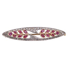 Rubies, Diamonds, 14 Karat Rose Gold and Silver Brooch