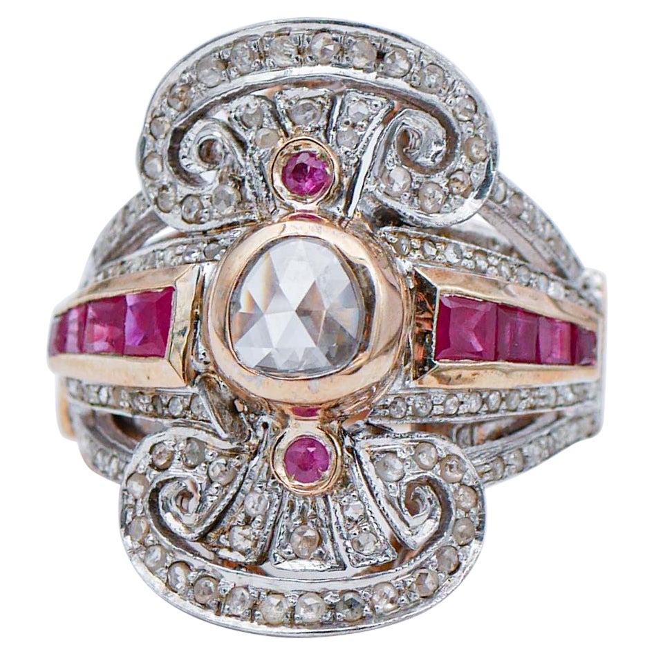 Anello Retrò con rubini, diamanti, oro rosa 14 carati e argento