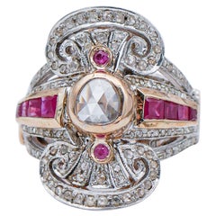 Anello Retrò con rubini, diamanti, oro rosa 14 carati e argento