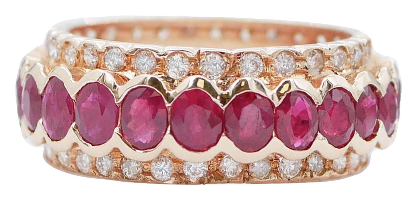 Amazing ring in 14 kt rose gold structure mounted with a strand of rubies enclosed between two rows of diamonds.
This ring was totally handmade by Italian master goldsmiths and it is in perfect conditions.
Diamonds 1.23 ct
Rubies 6.36 ct
Total