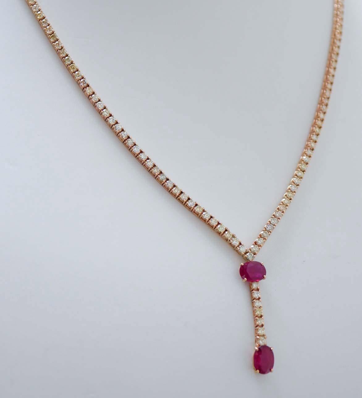 Retro Rubies, Diamonds, 14 Karat Rose Gold Tennis Necklace.