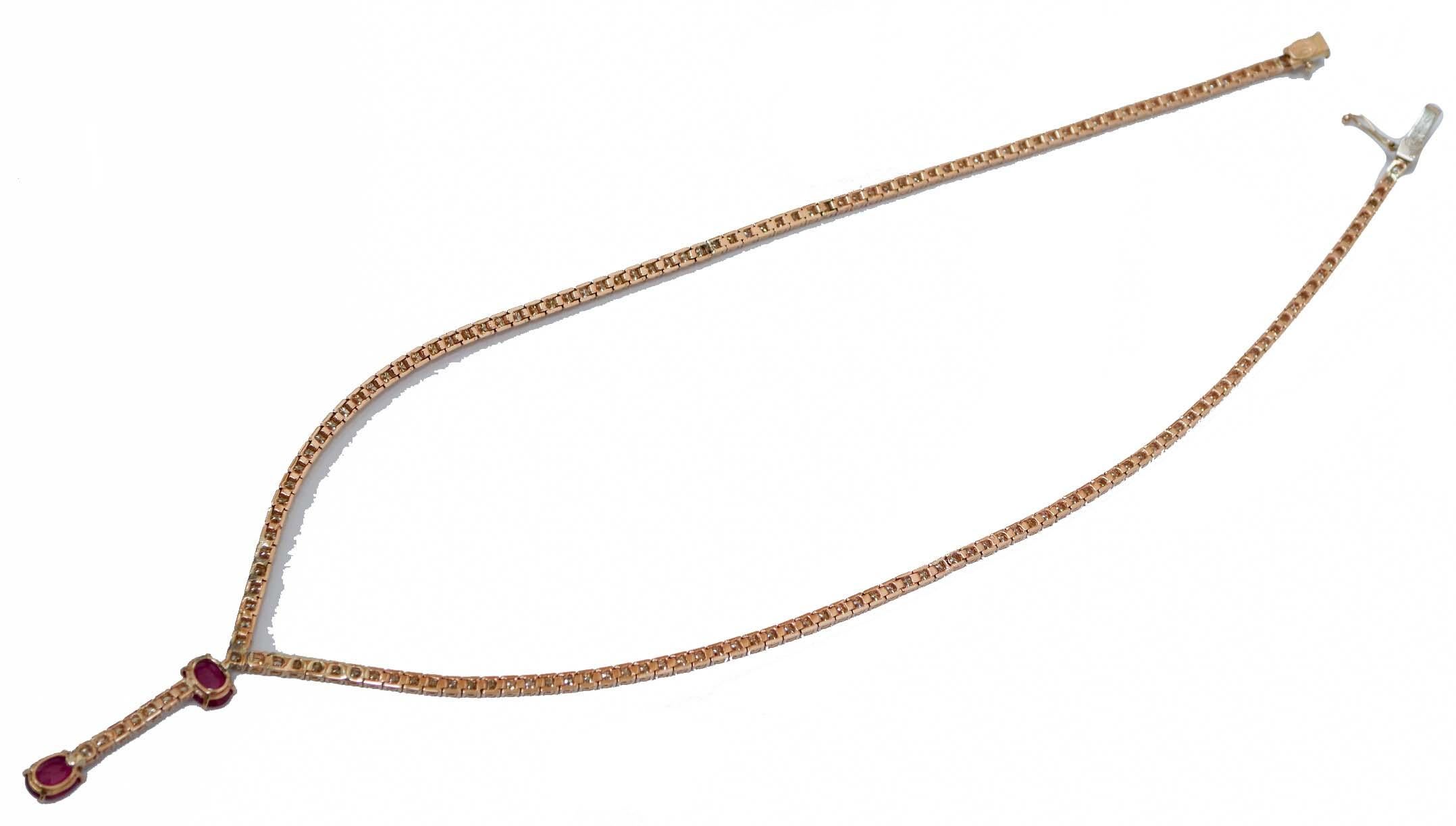 Mixed Cut Rubies, Diamonds, 14 Karat Rose Gold Tennis Necklace.