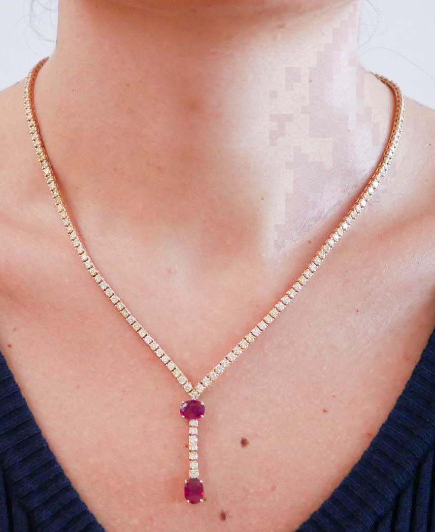 Women's Rubies, Diamonds, 14 Karat Rose Gold Tennis Necklace.