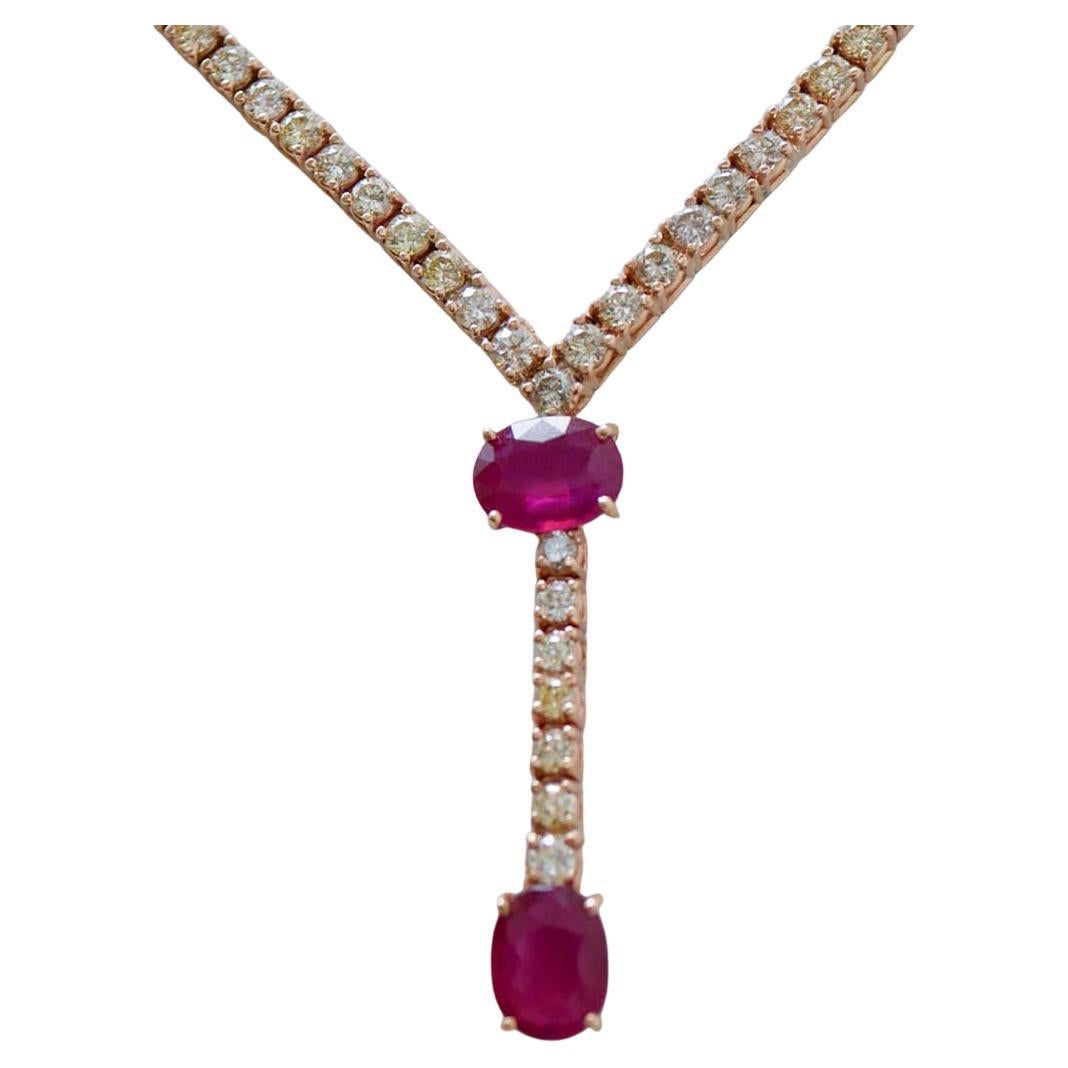 Rubies, Diamonds, 14 Karat Rose Gold Tennis Necklace.
