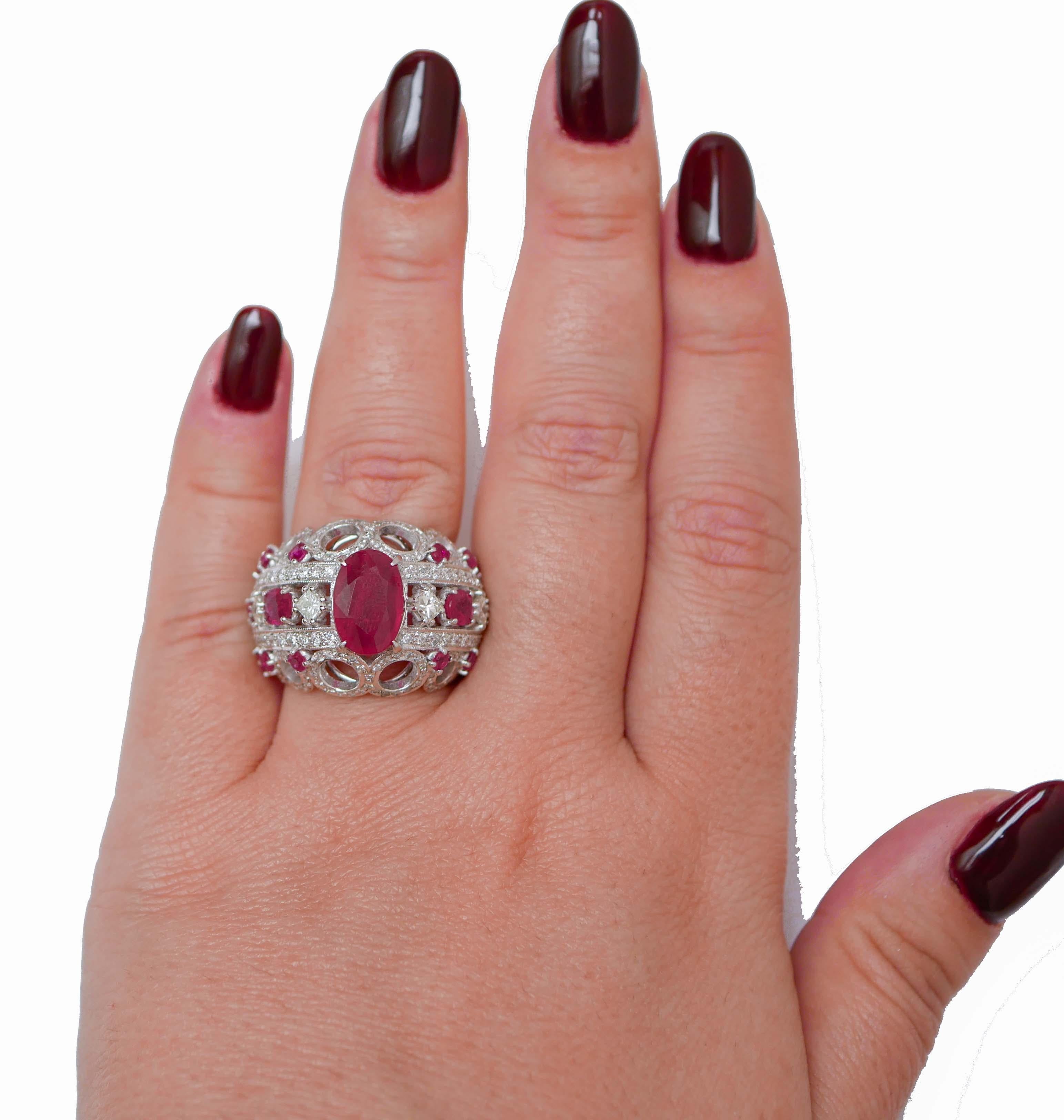 Mixed Cut Rubies, Diamonds, 14 Karat White Gold Band Ring. For Sale