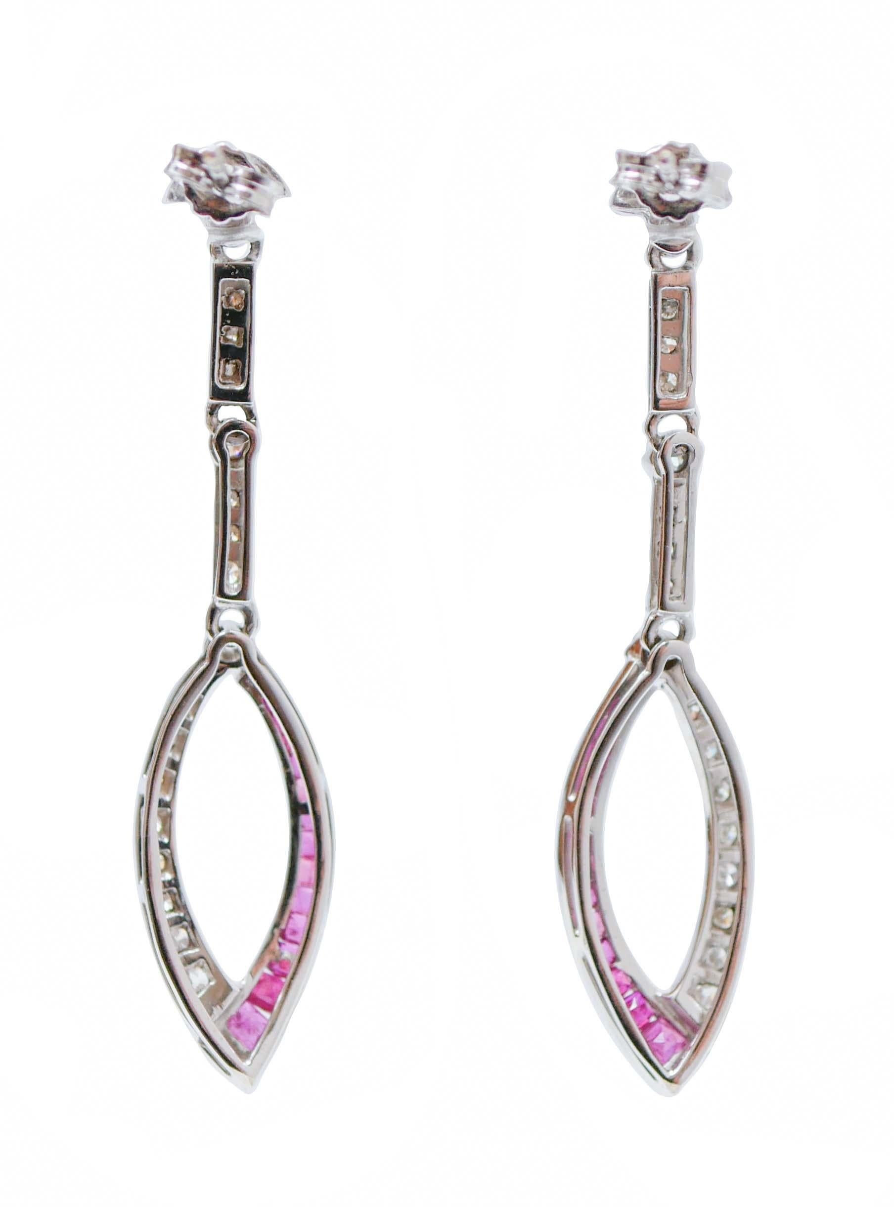 Retro Rubies, Diamonds, 14 Karat White Gold Dangle Earrings. For Sale