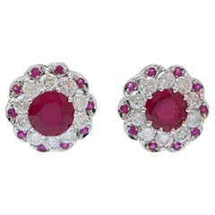 Rubies, Diamonds, 14 Karat White Gold Earrings.