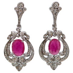Rubies, Diamonds, 14 Karat White Gold Retrò Earrings.