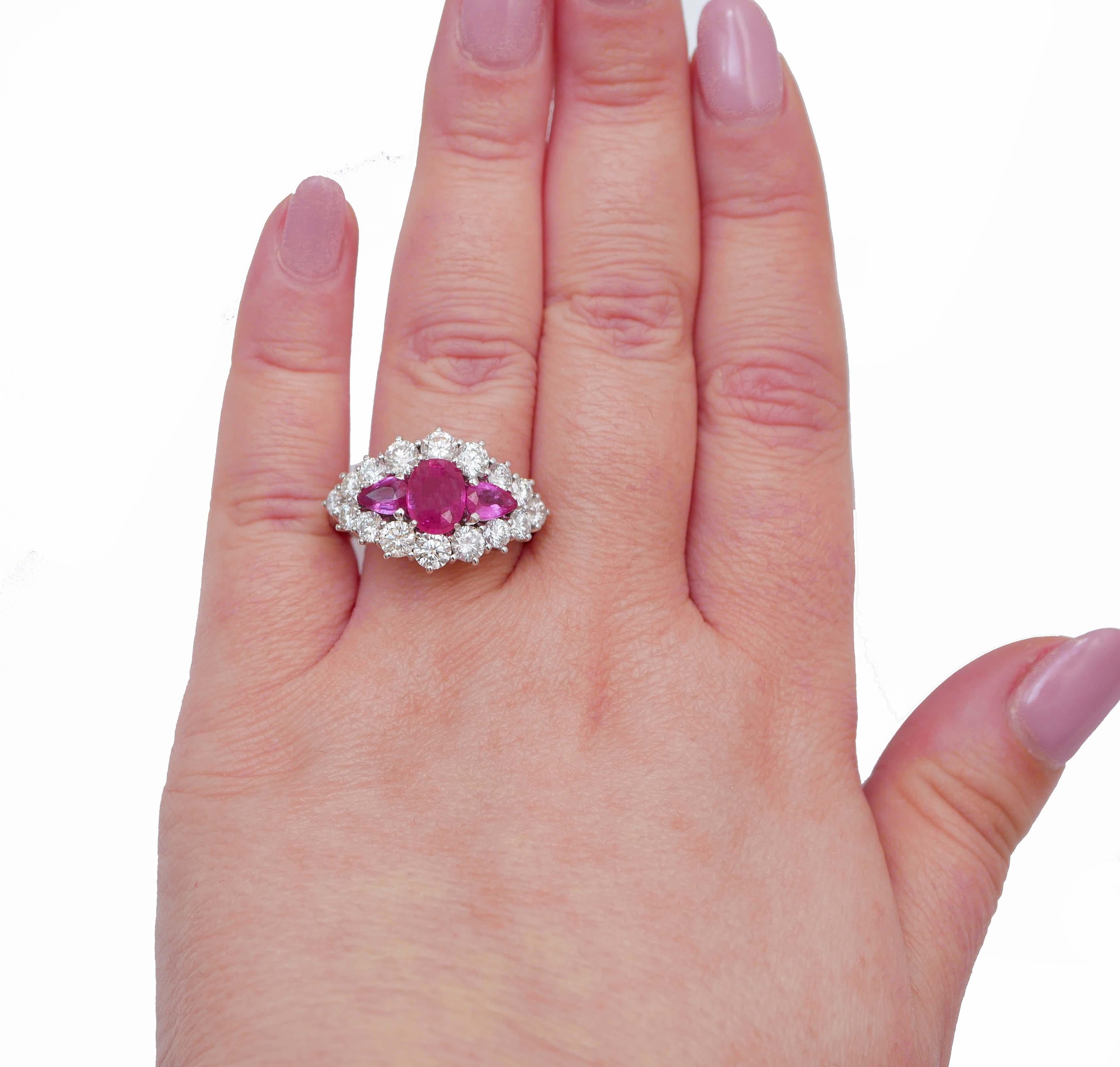 Mixed Cut Rubies, Diamonds, 14 Karat White Gold Ring. For Sale
