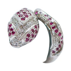 Rubies, Diamonds, 14 Karat White Gold Snake Ring.